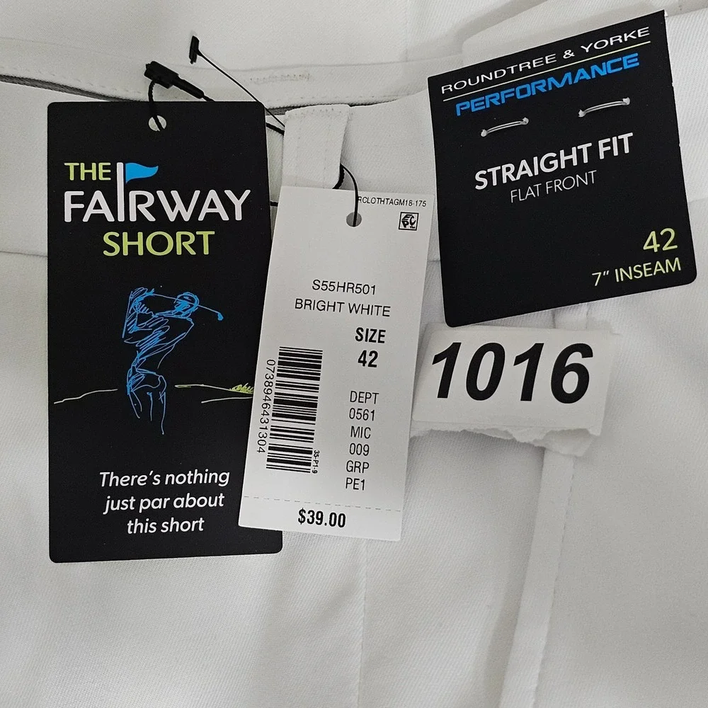 Men Shorts 42X7 White Straight Fit Flat Front Elastic Waistband Performance 1016